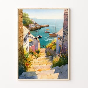 May include: Watercolor painting of a coastal village scene. A stone staircase leads down to a harbor with boats. Buildings with white walls and colorful accents line the harbor. The sky is blue, and the water is turquoise.