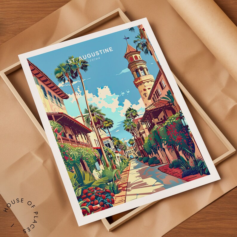 May include: A colorful illustration of a street scene in St. Augustine, Florida. The image features a tall building with a tower, palm trees, and a cobblestone street.