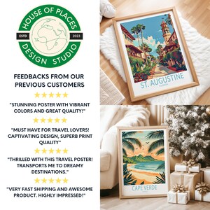 K&ouml;nnte beinhalten: Eine Collage aus drei Reiseplakaten mit leuchtenden Farben und fettem Text. Die Poster zeigen Illustrationen von St. Augustine, Florida, Kap Verde und einer tropischen Strandszene. Die Poster sind gerahmt und auf einer wei&szlig;en Oberfl&auml;che ausgestellt.