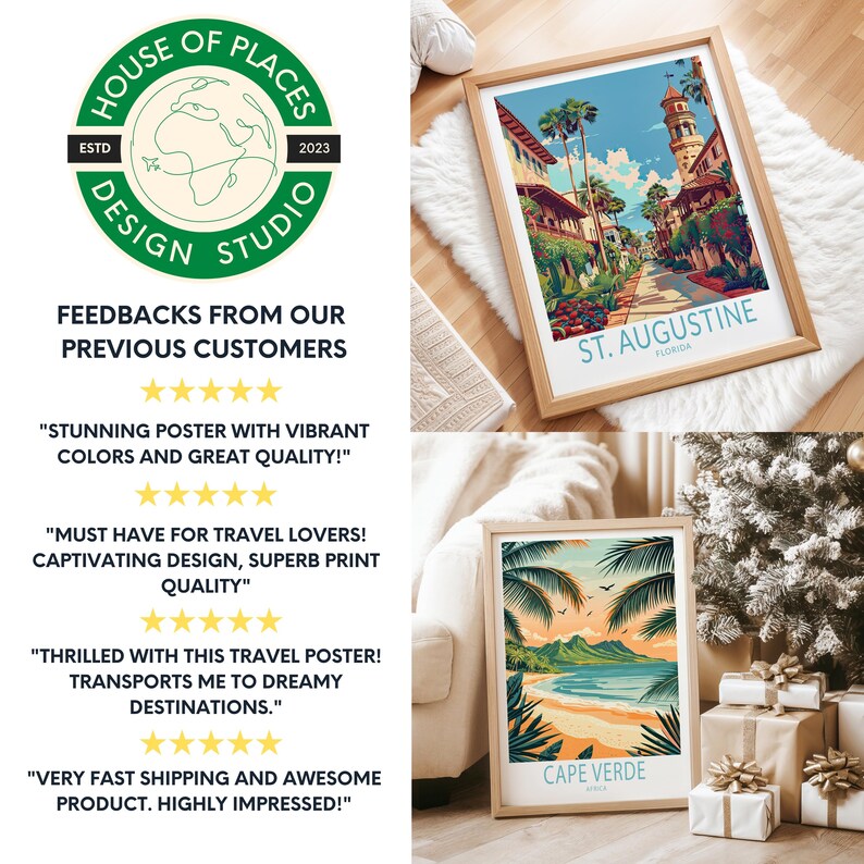 K&ouml;nnte beinhalten: Eine Collage aus drei Reiseplakaten mit leuchtenden Farben und fettem Text. Die Poster zeigen Illustrationen von St. Augustine, Florida, Kap Verde und einer tropischen Strandszene. Die Poster sind gerahmt und auf einer wei&szlig;en Oberfl&auml;che ausgestellt.
