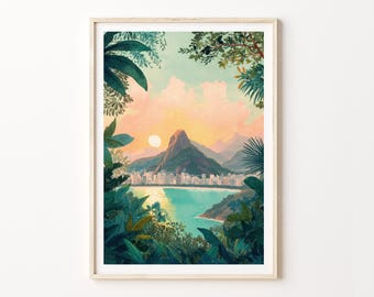Rio de Janeiro Brazil Travel Poster, Tropical Bay Sunset Mountain Wall Art Print