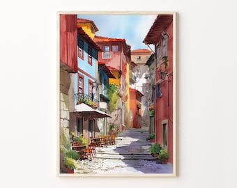 Porto Reise Poster, Portugal Straße Aquarell Druck, Bunte Altstadt Wandkunst, Europäische Stadt Dekor, Geburtstagsgeschenke