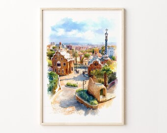 Pôster de viagem em aquarela do Parque Güell, Barcelona – Arte de parede com paisagem urbana e arquitetura de Gaudí
