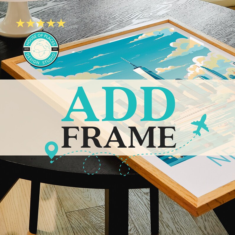 May include: A framed print of a city skyline with a blue sky and white clouds. The print is on a wooden table with a black surface. The text "ADD FRAME" is in the foreground of the image.