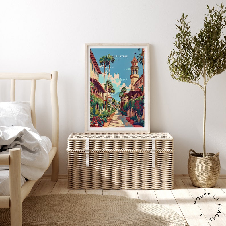 May include: A colorful illustration of a street scene in St. Augustine, Florida. The image features a tall tower with a clock, palm trees, and colorful buildings. The text "St. Augustine, Florida" is printed at the top of the image.