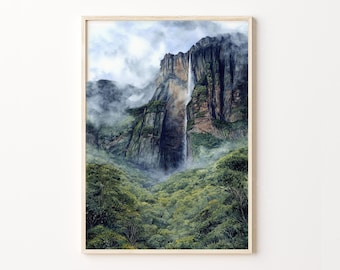 Angel Falls Venezuela Watercolor Print – Misty Tepui Rainforest Landscape Wall Art Poster