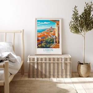 May include: A vintage travel poster with a colorful illustration of Lisbon, Portugal. The poster features a view of the city from a rooftop with a church in the distance. The text "LISBON PORTUGAL" is printed at the bottom of the poster.