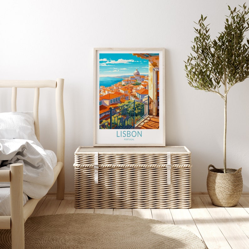 May include: A vintage travel poster with a colorful illustration of Lisbon, Portugal. The poster features a view of the city from a rooftop with a church in the distance. The text "LISBON PORTUGAL" is printed at the bottom of the poster.