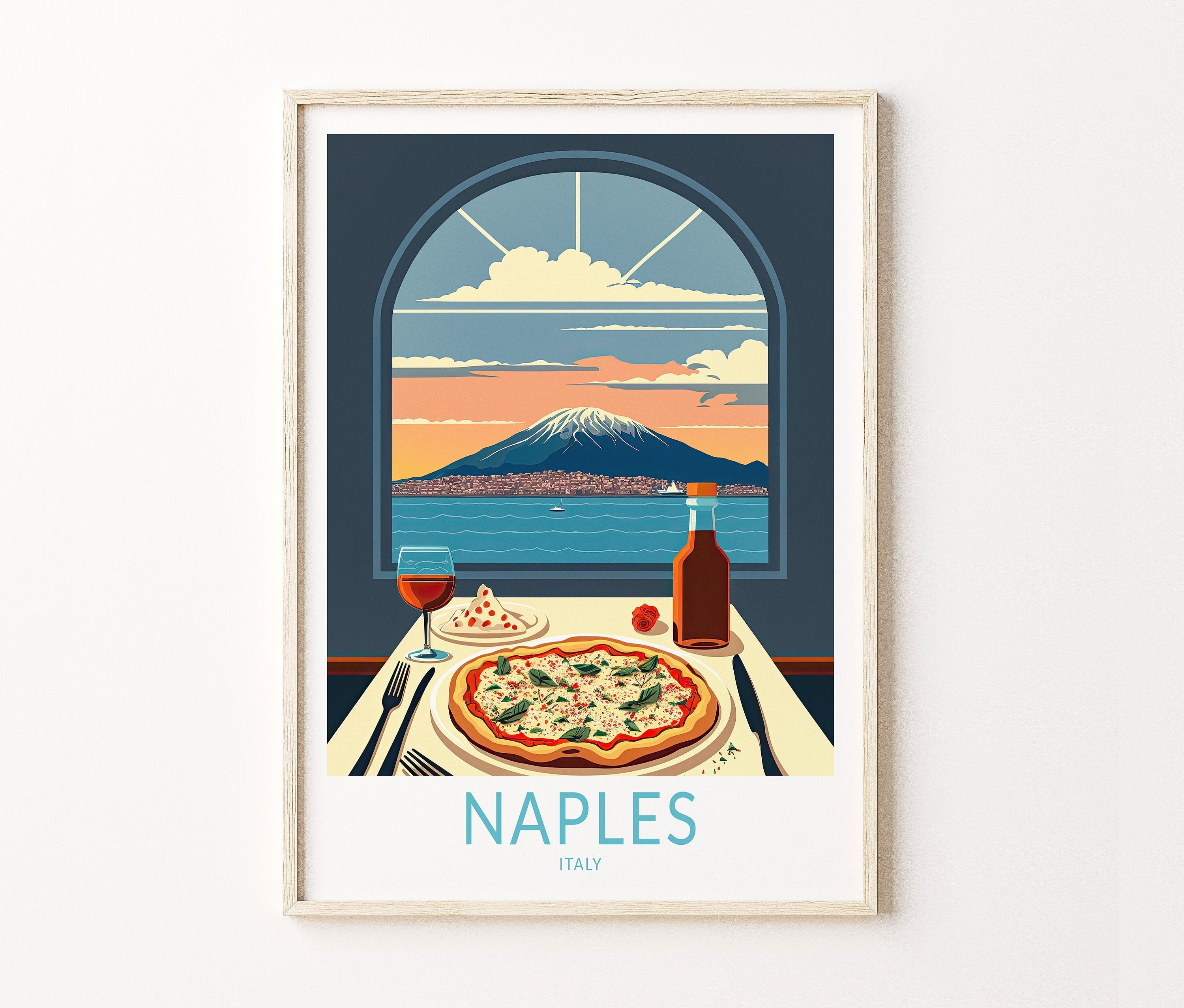 イタリア(ナポリ)のポスター ナポリ市旅行ポスター、ナポリ ピザ イタリア旅行ポスター プリント