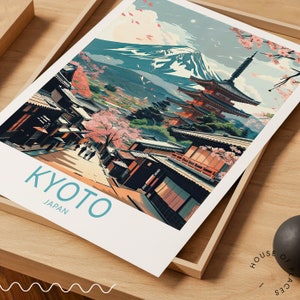 Puede incluir: Una ilustraci&oacute;n colorida de un paisaje urbano japon&eacute;s con una pagoda, flores de cerezo y el monte Fuji en el fondo. El texto "KYOTO JAP&Oacute;N" est&aacute; en la parte inferior de la imagen.