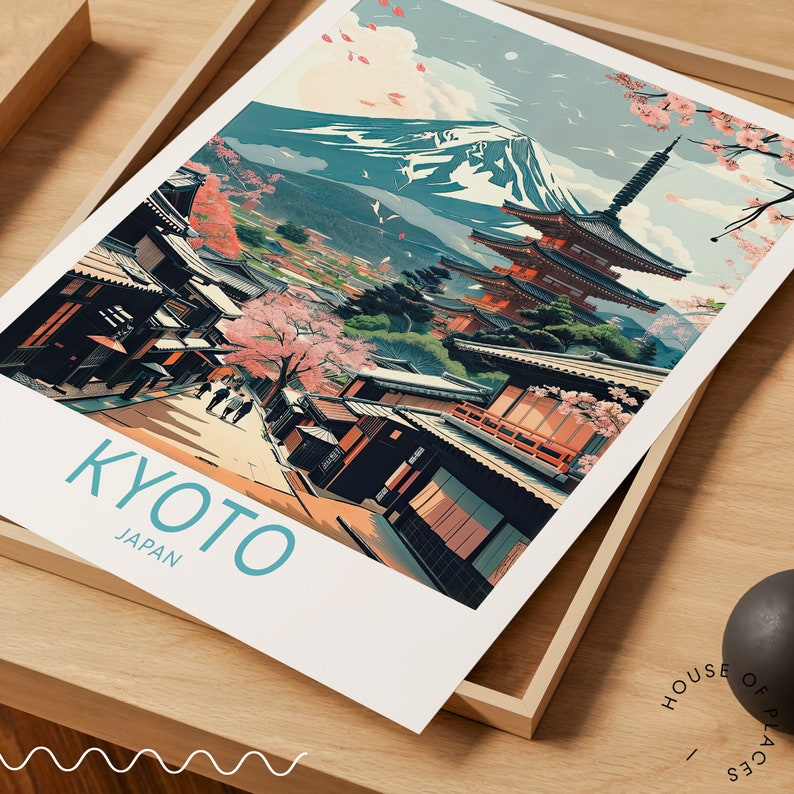 Puede incluir: Una ilustraci&oacute;n colorida de un paisaje urbano japon&eacute;s con una pagoda, flores de cerezo y el monte Fuji en el fondo. El texto "KYOTO JAP&Oacute;N" est&aacute; en la parte inferior de la imagen.
