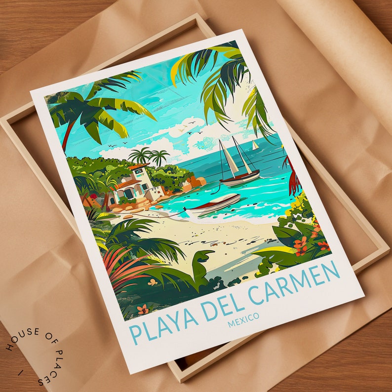 May include: A colorful illustration of a beach scene with palm trees, a white building, and sailboats in the turquoise water. The text "PLAYA DEL CARMEN MEXICO" is at the bottom of the image.