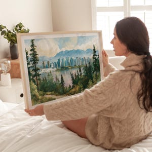Vancouver Canada Watercolor Poster, Mountain Skyline Print, Travel Wall Art image 7