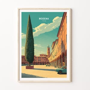 May include: A framed art print of Modena, Italy, featuring a tall cypress tree in the foreground. The artwork depicts a sunny day with buildings, arches, and a vintage car. The sky is a light blue with fluffy clouds, and the buildings are a warm orange.