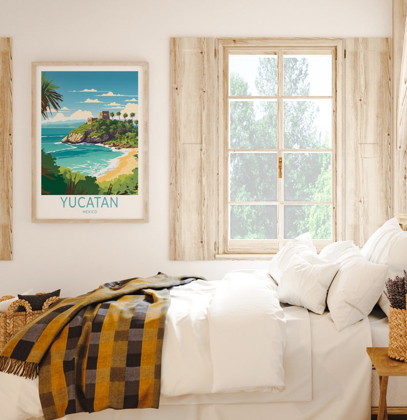 K&ouml;nnte beinhalten: Ein gerahmtes Poster mit einer farbenfrohen Illustration einer tropischen Strandszene mit einem kleinen Geb&auml;ude auf einer Klippe. Das Poster tr&auml;gt den Text "YUCATAN MEXIKO" unten.