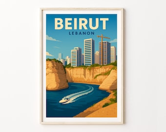May include: A framed art print featuring a stylized illustration of Beirut, Lebanon. The artwork depicts a coastal scene with a boat, cliffs, buildings, and the text "BEIRUT LEBANON" in a bold font against a blue sky.
