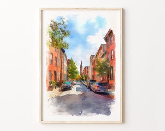 Philadelphia Watercolor Travel Poster Print, Pennsylvania Historic Street City Wall Art