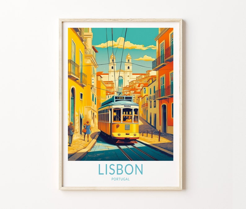 May include: A vintage travel poster featuring a yellow tram traveling up a narrow street in Lisbon, Portugal. The tram is labeled "1206" and "PAIXA." The poster has a blue, green, and yellow color scheme.