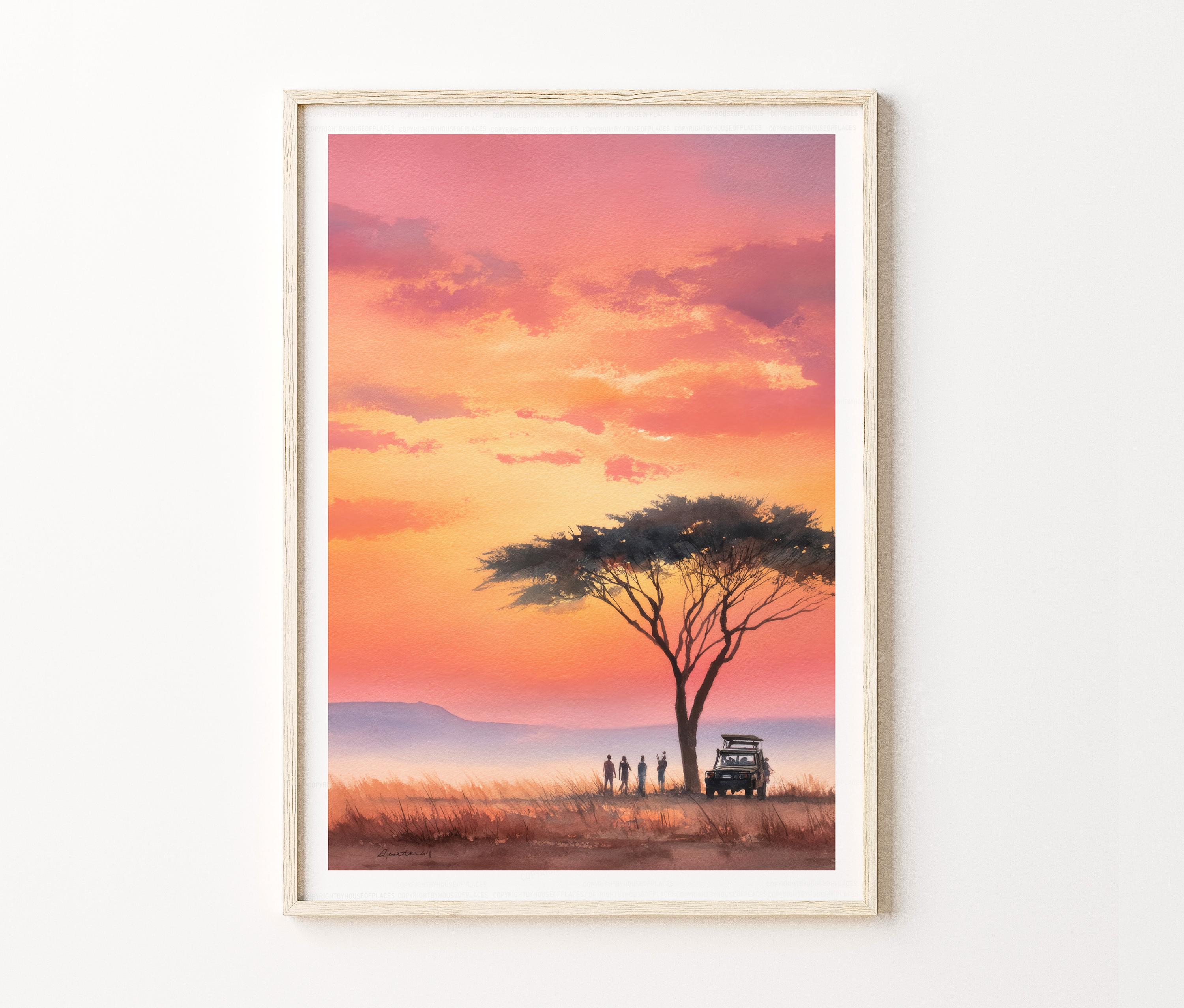 Masai Mara Kenya Watercolor Poster | African Safari Sunset Travel