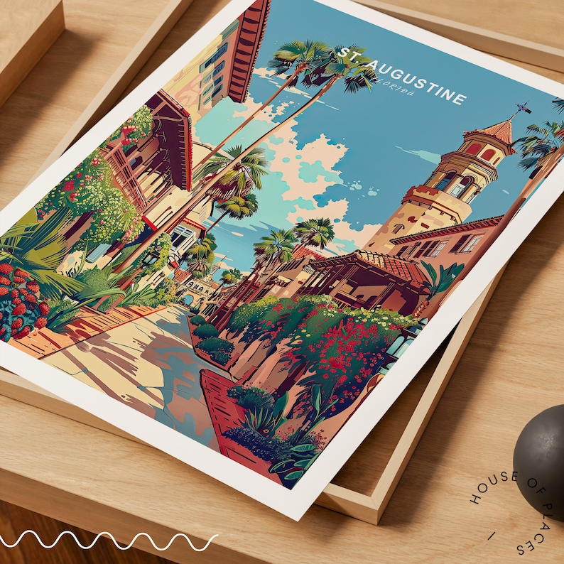 May include: A colorful illustration of a street scene in St. Augustine, Florida. The image features a narrow street lined with palm trees and historic buildings. A tall tower with a pointed roof is visible in the background. The text "ST. AUGUSTINE, FLORIDA" is printed at the top of the image.