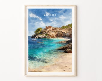 Mallorca Spain – Watercolor Travel Poster Print Coastal Wall Art Mediterranean Beach Decor