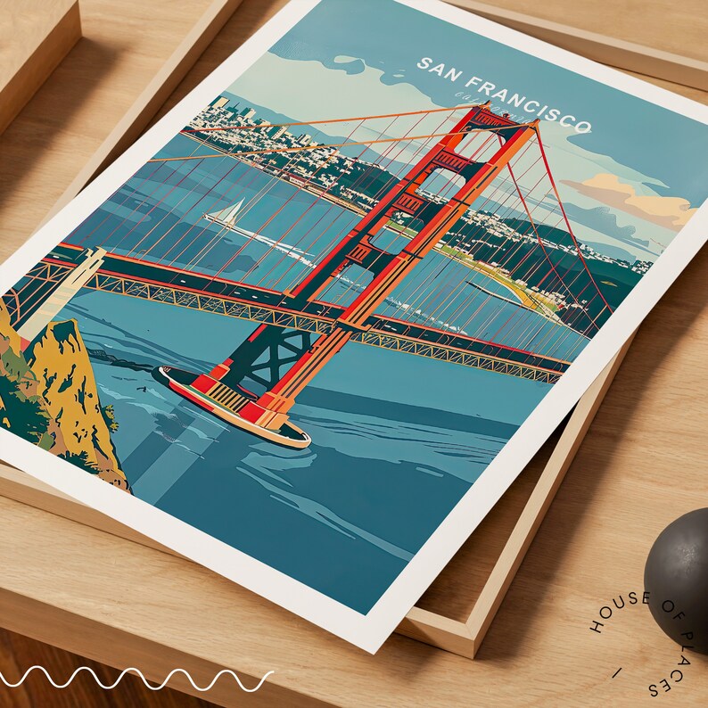 May include: A vintage-style illustration of the Golden Gate Bridge in San Francisco, California. The bridge is red and orange, with the city skyline in the background. The water is blue and the sky is a light blue.