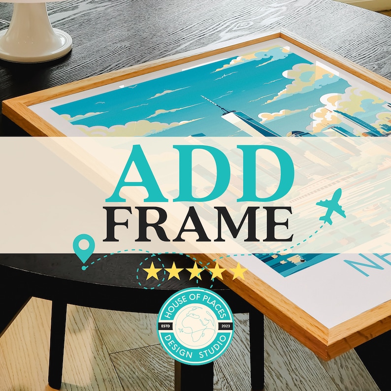 May include: A framed print of a city skyline with a blue sky and white clouds. The frame is made of wood and has a natural finish. The print is titled "House of Places Design Studio" and includes the text "ESTD 2023".