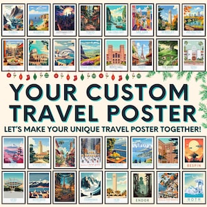 Pu&ograve; includere: Una collezione di poster di viaggio incorniciati con varie destinazioni come FJORDS, Algarve, Gotham City, Tokyo e altro. I poster sono disposti in file, con il testo "YOUR CUSTOM TRAVEL POSTER" ben visibile.