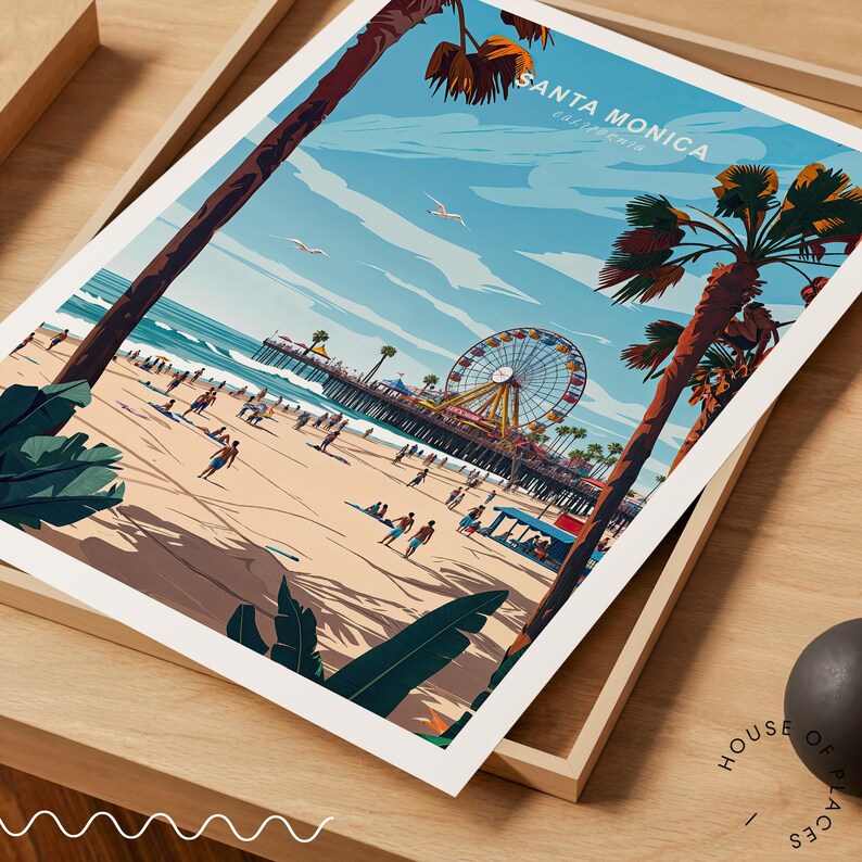 Santa Monica Poster, Santa Monica California Travel Wall Art
