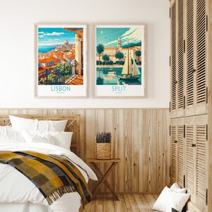 May include: Two vintage travel posters, one for Lisbon, Portugal, and one for Split, Croatia. The Lisbon poster shows a cityscape with a church and a balcony overlooking the ocean. The Split poster shows a sailboat in a harbor with palm trees and a building in the background.