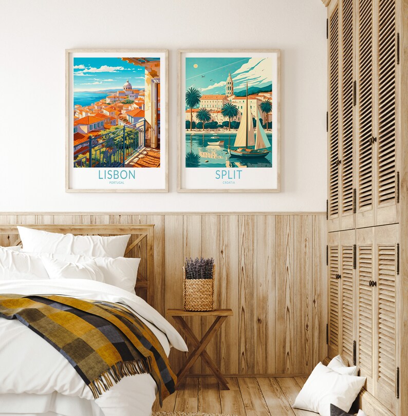 May include: Two vintage travel posters, one for Lisbon, Portugal, and one for Split, Croatia. The Lisbon poster shows a cityscape with a church and a balcony overlooking the ocean. The Split poster shows a sailboat in a harbor with palm trees and a building in the background.