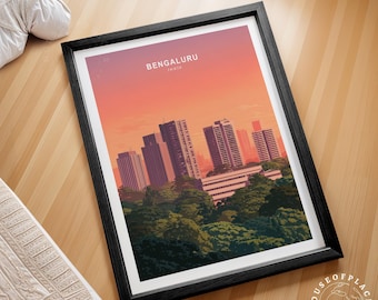 Bengaluru Reiseplakat, Indien Wandkunst, Indien Poster Stadt, Bengaluru Sonnenuntergang Wanddekor, Innendekor, minimalistisches Stadtbild