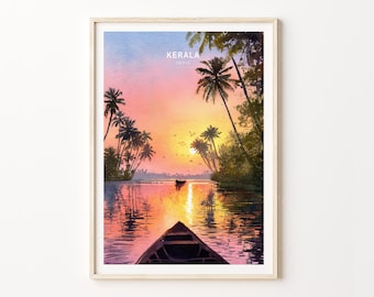 Arte de Kerala, India – Póster de viaje en acuarela con atardecer en los remansos. Decoración de pared con paisaje tropical.