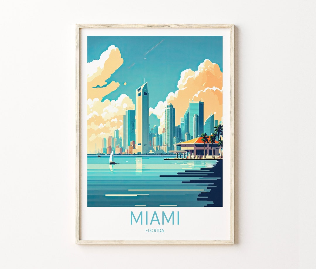 Miami Florida Skyline Print Wall Art Miami Travel Poster USA Etsy