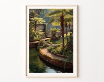Cartel de viaje de acuarela de Funchal Portugal, impresión de arte de pared del jardín tropical de Madeira