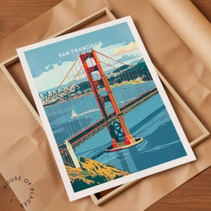 May include: A vintage-style illustration of the Golden Gate Bridge in San Francisco, California. The bridge is depicted in red and orange, with the water below in shades of blue and green. The city skyline is visible in the background.