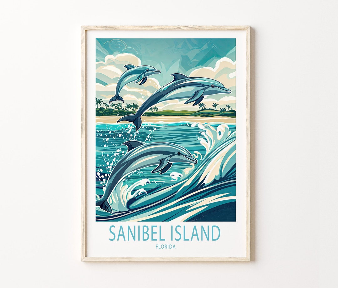 サニベル島イルカ旅行ポスター、フロリダの壁アート、サニベル島イルカ