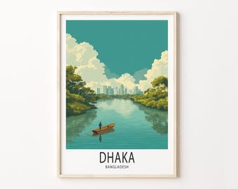 Póster de Daca, Bangladesh: Arte mural de la ciudad ribereña, con barco y horizonte impreso