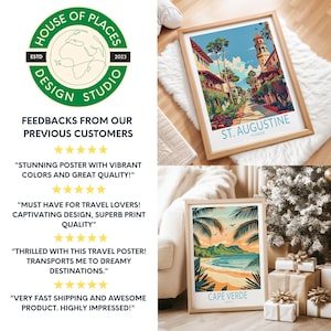 Op de afbeelding: Twee ingelijste reisposters. E&eacute;n toont een straatbeeld in St. Augustine, Florida, met palmbomen en gebouwen. De andere toont een strandsc&egrave;ne in Kaapverdi&euml;. De posters zitten in houten frames en worden getoond met geschenkdozen.