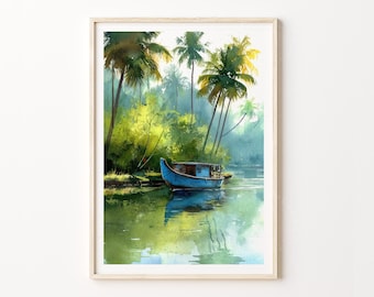 Póster de viaje en acuarela de Kottayam, India, con paisaje natural de remansos tropicales, arte mural.
