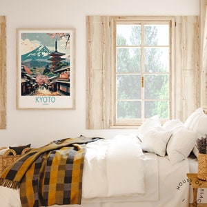 Puede incluir: Un cartel de viaje vintage con una ilustraci&oacute;n colorida de un paisaje urbano japon&eacute;s con una pagoda y el monte Fuji en el fondo. El cartel tiene el texto "KYOTO JAP&Oacute;N" en la parte inferior.