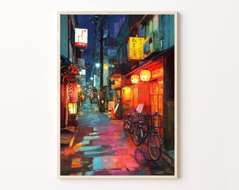 Tokyo Oil Painting Travel Poster Print – Tokyo Japan Night Street Kanji Lantern Wall Art
