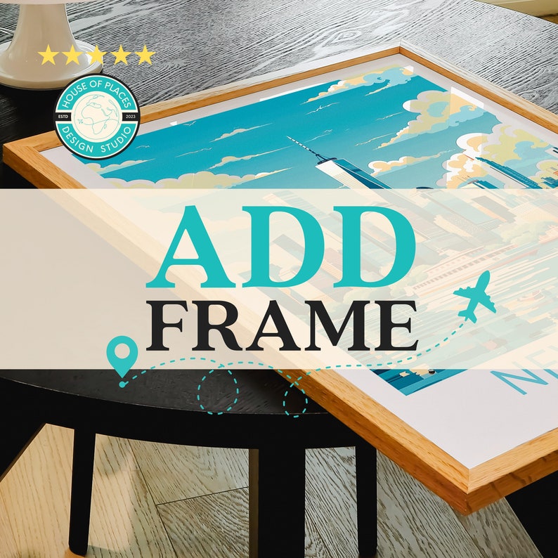May include: A framed print of a city skyline with a blue sky and white clouds. The print is on a wooden table with a black surface. The text "ADD FRAME" is in the foreground of the image.