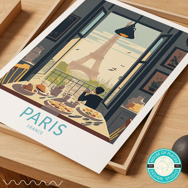 May include: A vintage-style illustration of a Parisian cafe with a view of the Eiffel Tower. The cafe is filled with tables and chairs, and a person is sitting at one of the tables enjoying a cup of coffee. The text "PARIS FRANCE" is printed at the bottom of the illustration.