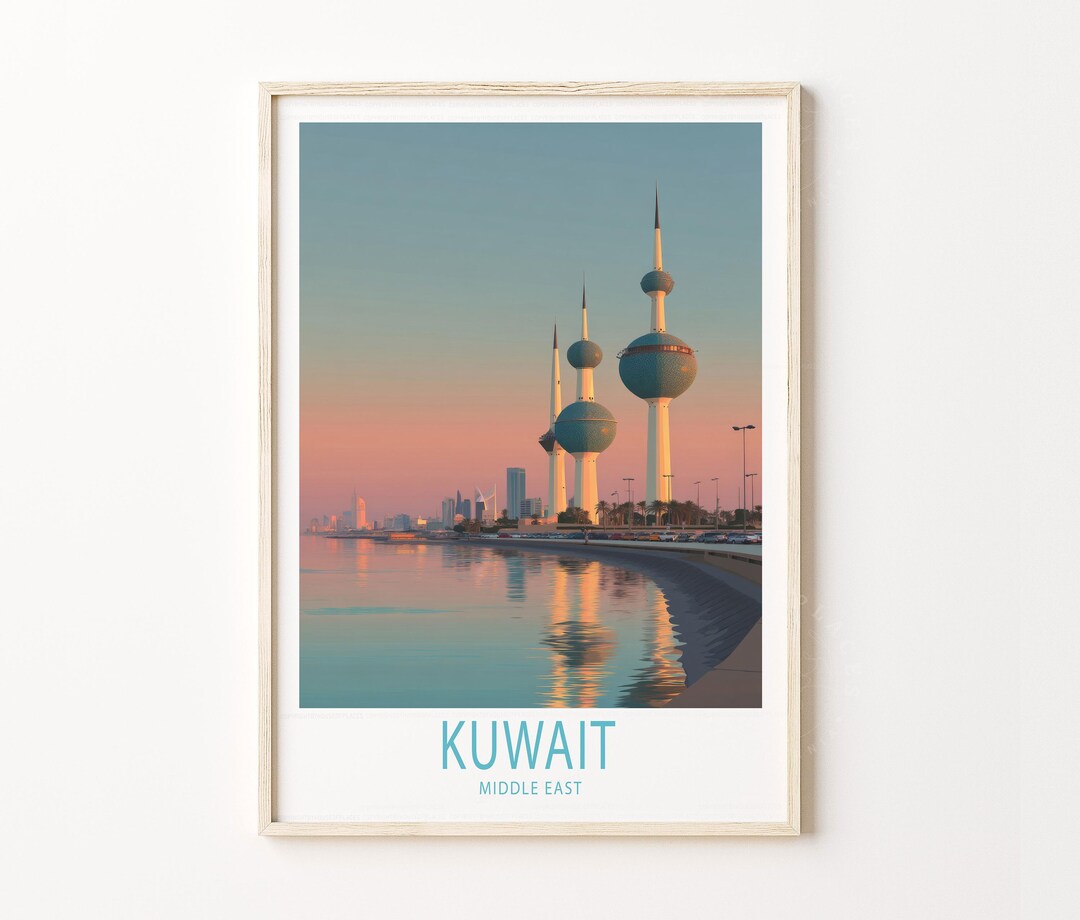 Kuwait Travel Poster, Kuwait Towers Skyline, Middle East Coastal Art - Etsy