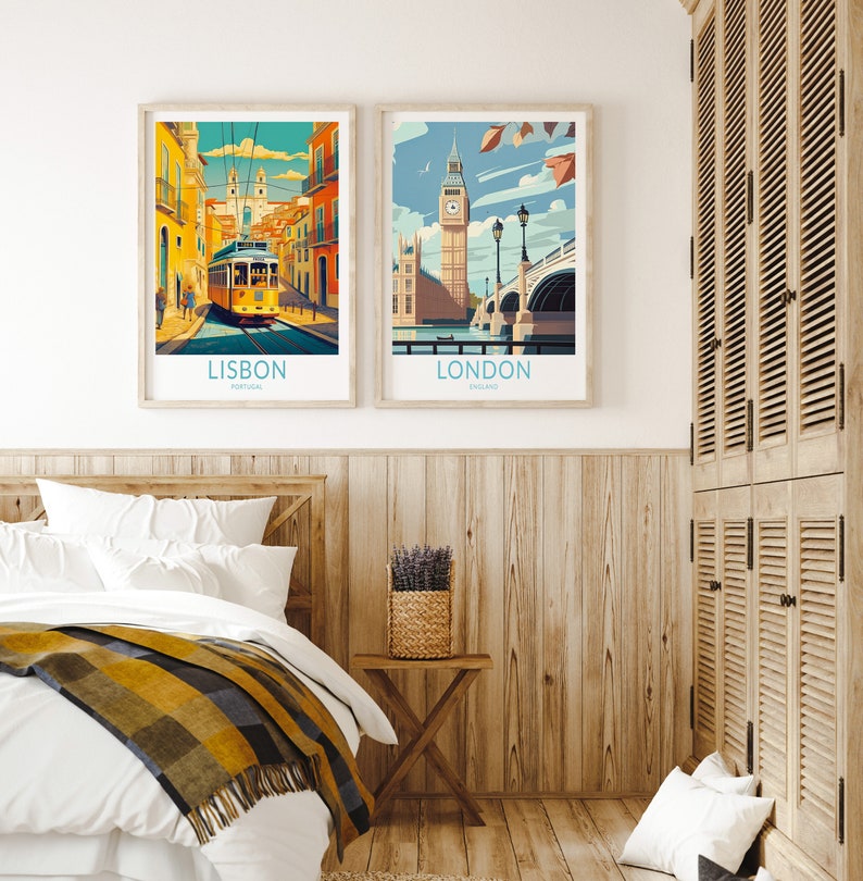 May include: Two framed travel posters, one depicting a yellow tram in Lisbon, Portugal, and the other showing Big Ben and a bridge in London, England.