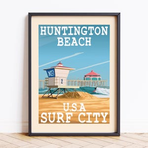 Cartaz de viagem de Huntington Beach, Califórnia, pôster de Huntington Beach, cartão postal personalizado de viagem do píer da Califórnia, presentes de aniversário
