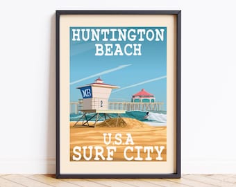 Huntington beach California Travel Poster, Huntington Beach Poster, California Pier Postcard Custom Travel Print, Birthday Gifts