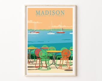 Reseposter från Madison, Wisconsin, väggkonst från Wisconsin, Madison-tryck, konsttryck från Wisconsin, heminredning, födelsedagspresenter