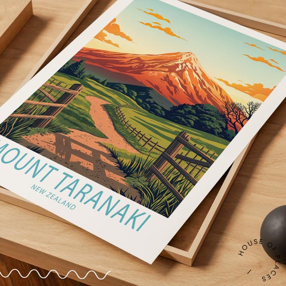 Mount Taranaki Travel Poster, New Zealand Egmont Wall Art, Mount